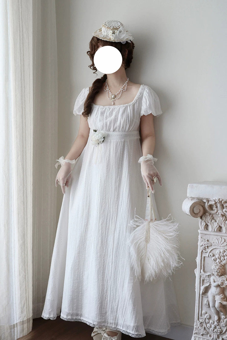White Square Collar Short Sleeves Jacquard Ruffled Lace Sweet Elegant Lolita Dress