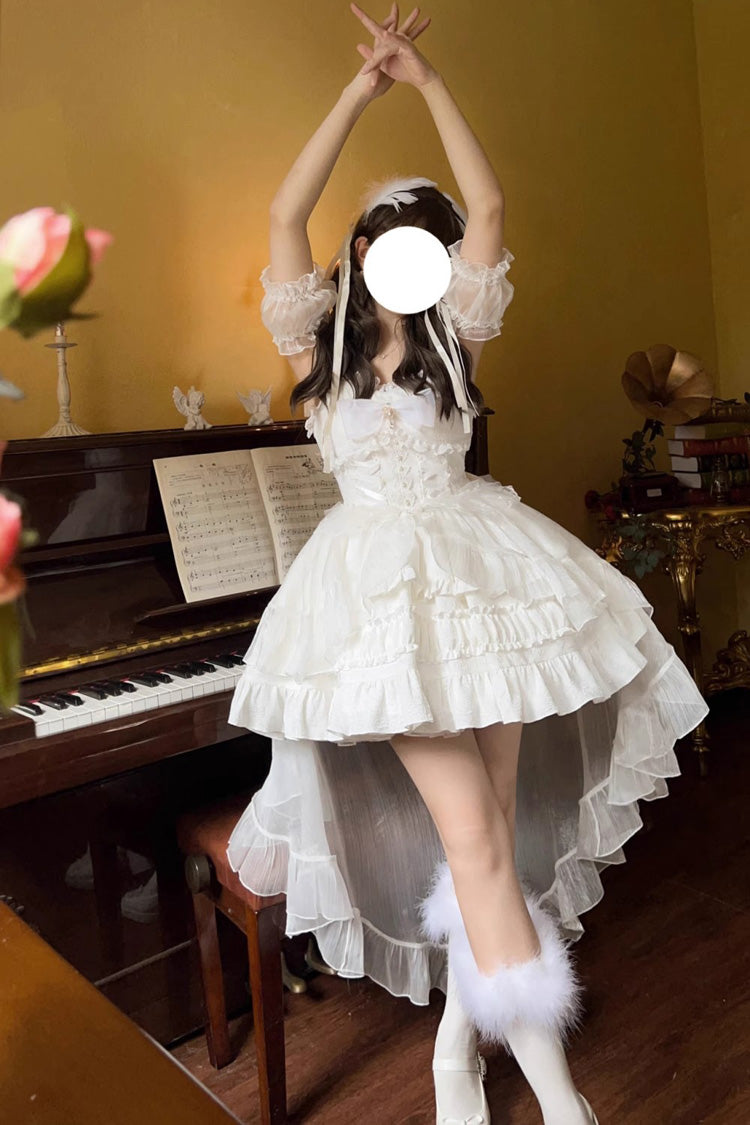 White Sleeveless Multi-layer Ruffle Bowknot Sweet Lolita Jsk Dress