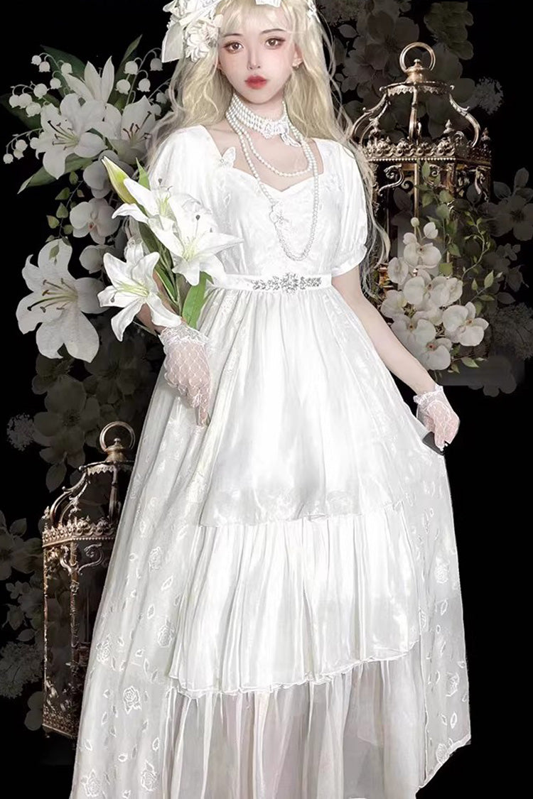 White Square Collar Short Sleeves Subtle Rose Printed Embroidered Bow Sweet Elegant Lolita Dress