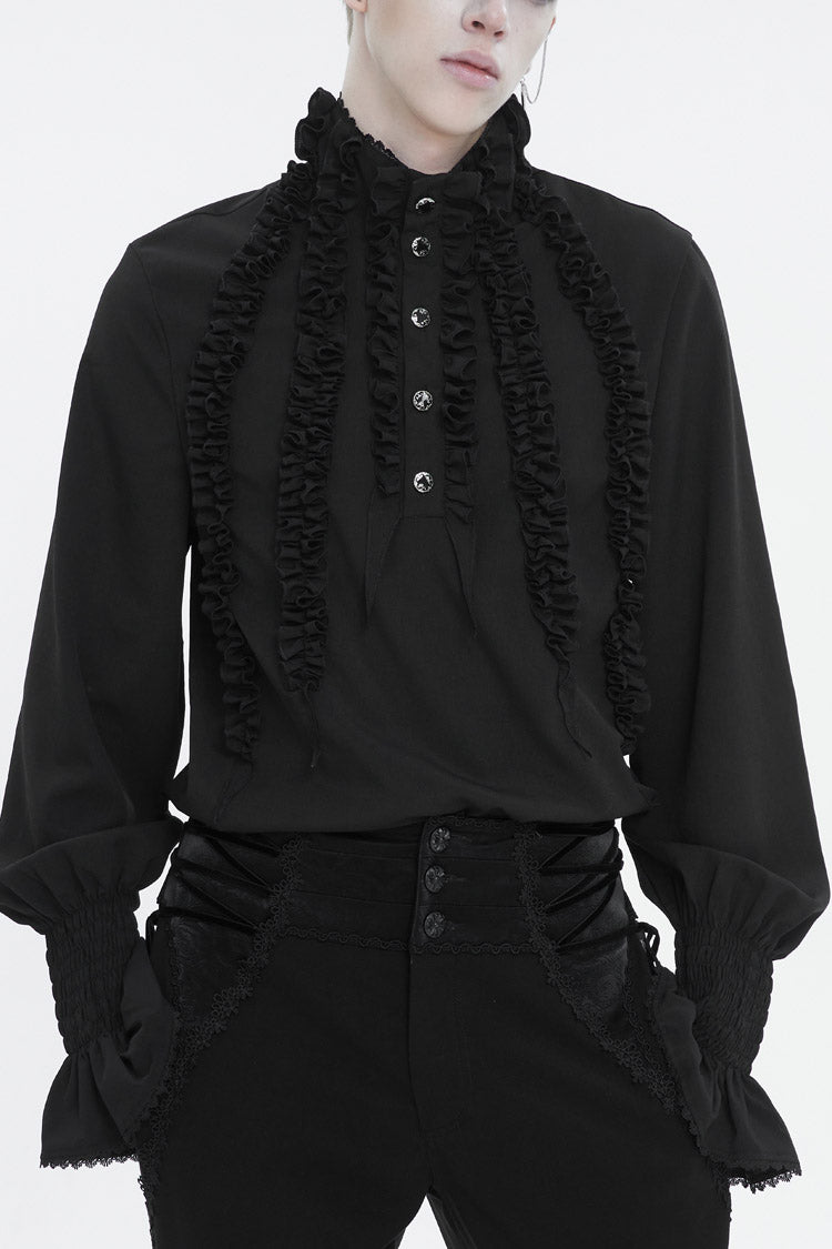 Black Irregular Stand Collar Puff Sleeved Ruffled Men's Gothic Shirt
