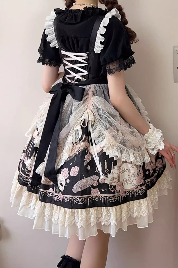 Black Sleeveless Rose Prologue Print Ruffle Bowknot Sweet Elegant Princess Lolita Jsk Dress