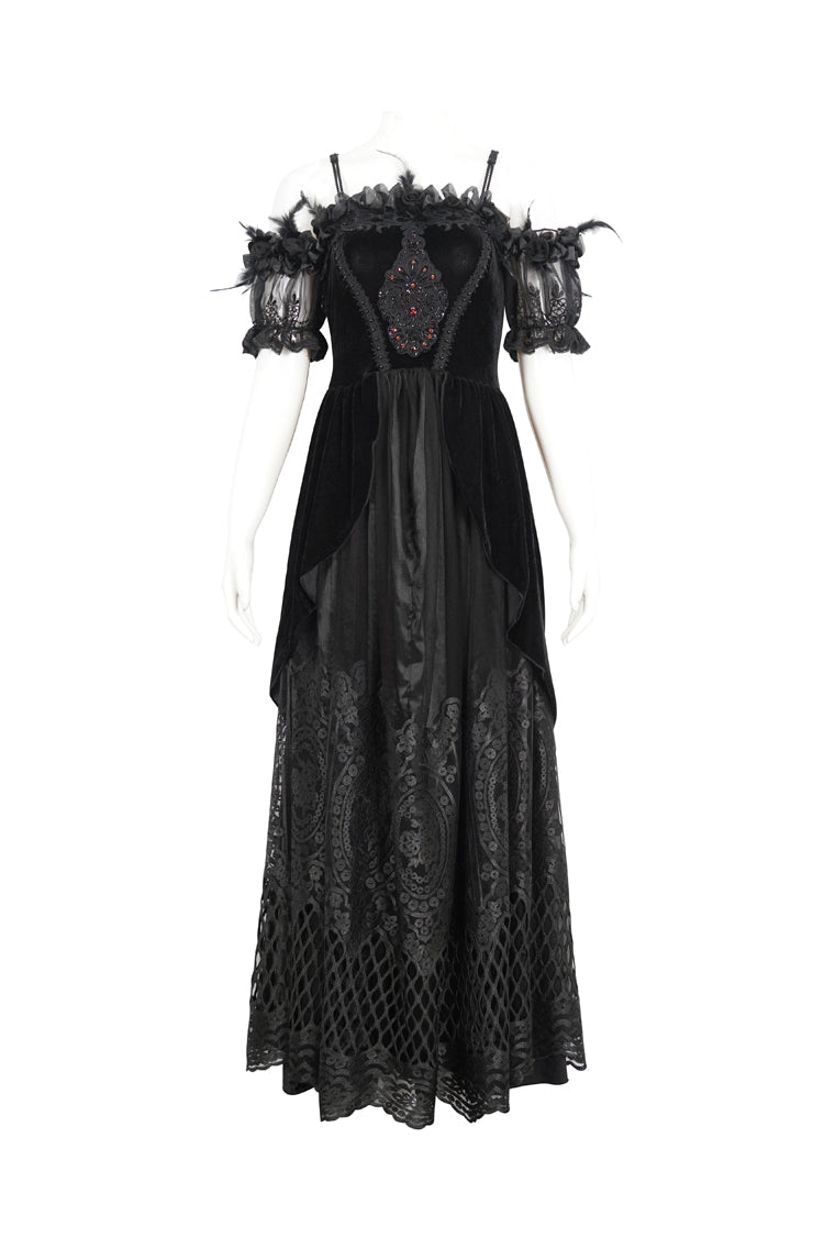 Schwarzes schulterfreies, hoch tailliertes Gothic-Kleid aus Spitze mit Print für Damen