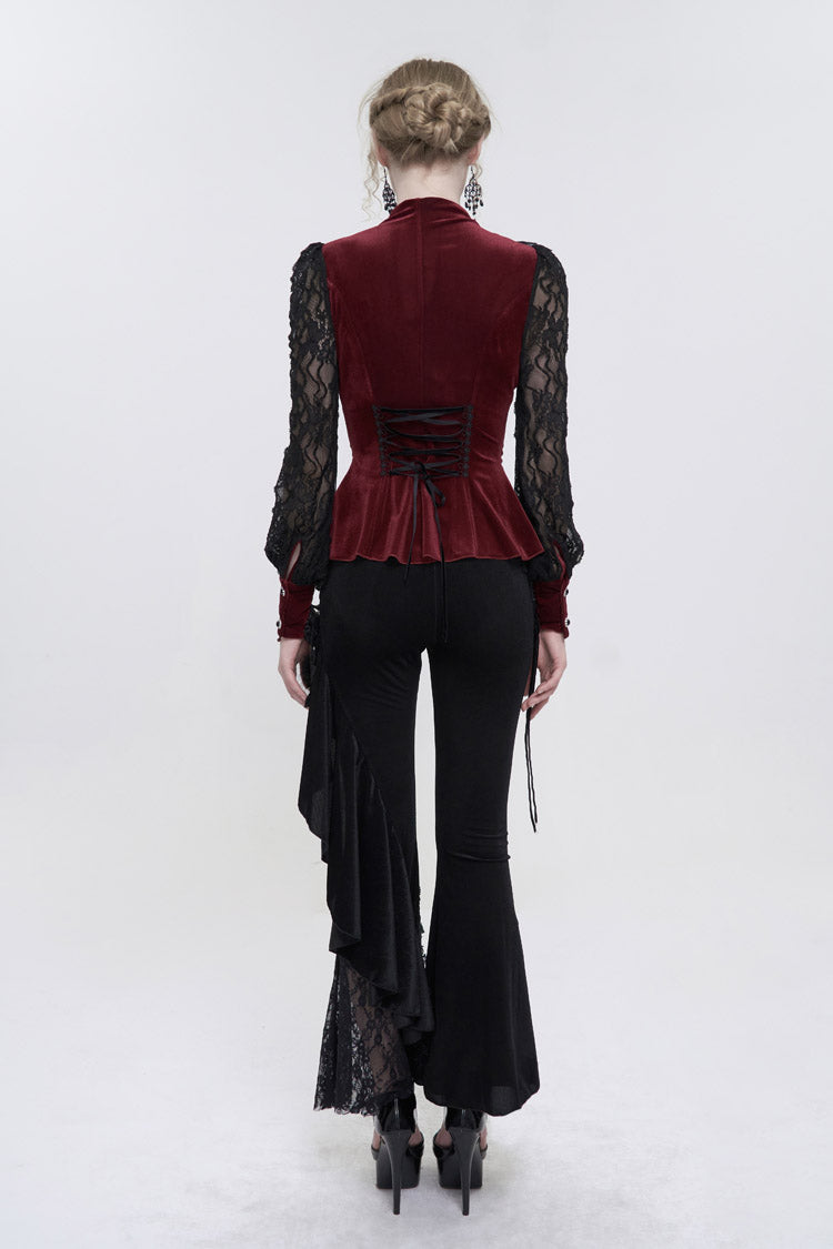 Roter Samt-Hochhals-Spitzen-Fake-BH-Design, das dreidimensionales Schmetterlingsnetz-Gothic-Shirt für Damen spleißt