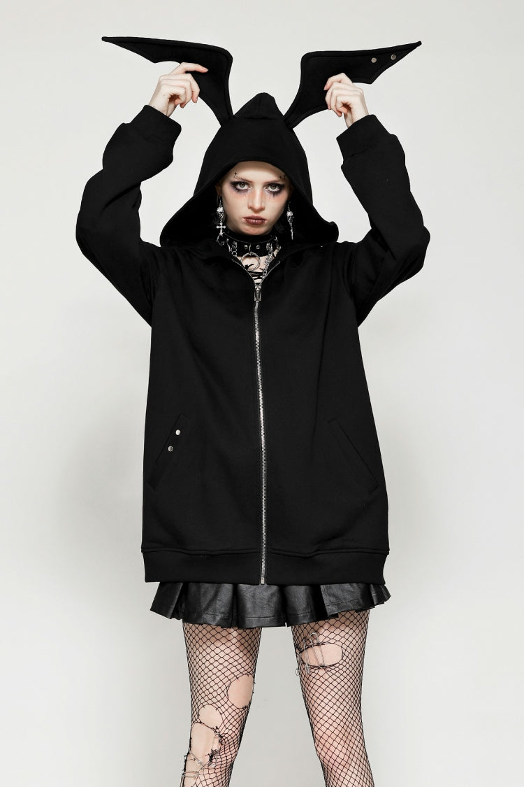 Schwarzer Damen-Hoodie im Gothic-Stil mit Fledermausärmeln und Reißverschluss