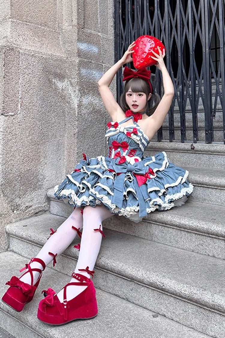 Blue [Milk Rabbit Theater] Halterneck Sleeveless Triple-Layered Ruffle Bowknot Lace-Up Sweet Lolita Jsk Dress