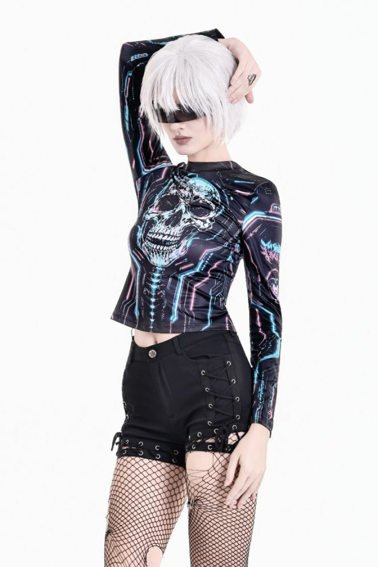 Black Round Neck Long Sleeve Fitted Waist Skull Print Neon Cyber Graphic Women's Cyberpunk Top