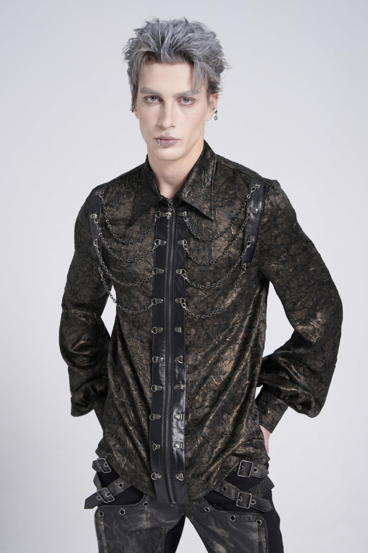Schwarze Bluse mit Reverskragen, langen Puffärmeln, Kunstleder-Nähten und Kette im Gothic-Stil für Herren 