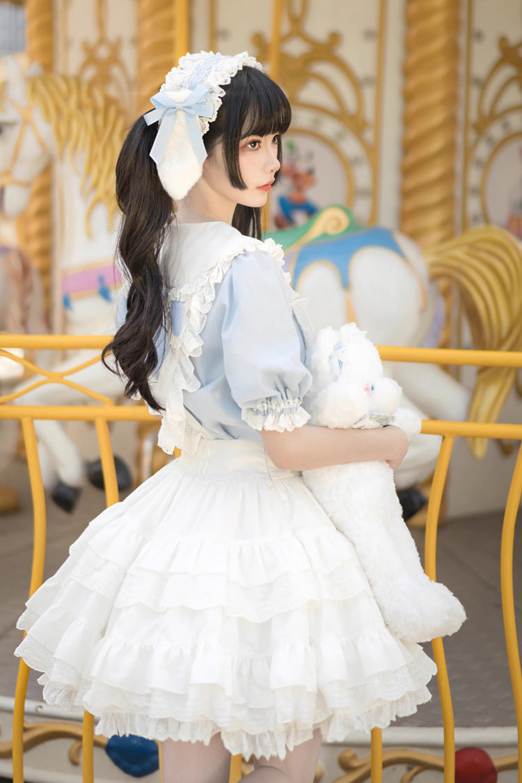 White/Blue Doll Collar Short Sleeves Multi-layer Ruffle Sweet Princess Lolita Skirt Dress Set