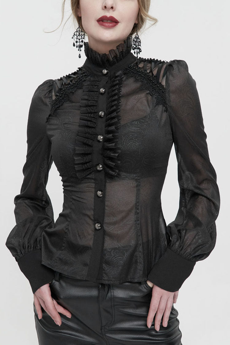 Black Long Sleeve Ruffles On Chest Shoulder Back Tie Detail See-Through Pattern Material Stand Collar Women's Gothic Shirt