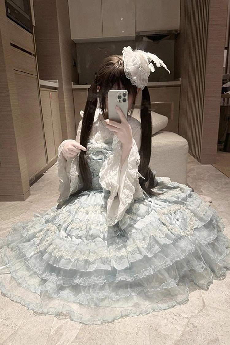 Robe Jsk Sweet Lolita en dentelle à nœud papillon broderie Hanayome à volants multicouches bleu [Sweetheart Diary] 