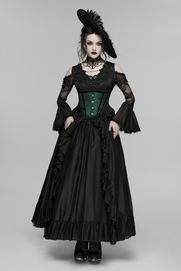 ブラック V 襟ロングトランペットスリーブ二層花嫁カットアウト刺繍レースレースアップパール装飾プリーツ女性のゴシックゴージャスな宮殿ドレス