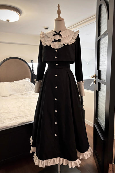 Black/White Maid Long Sleeves Ruffle Bowknot Stitching Sweet Long Lolita Dress