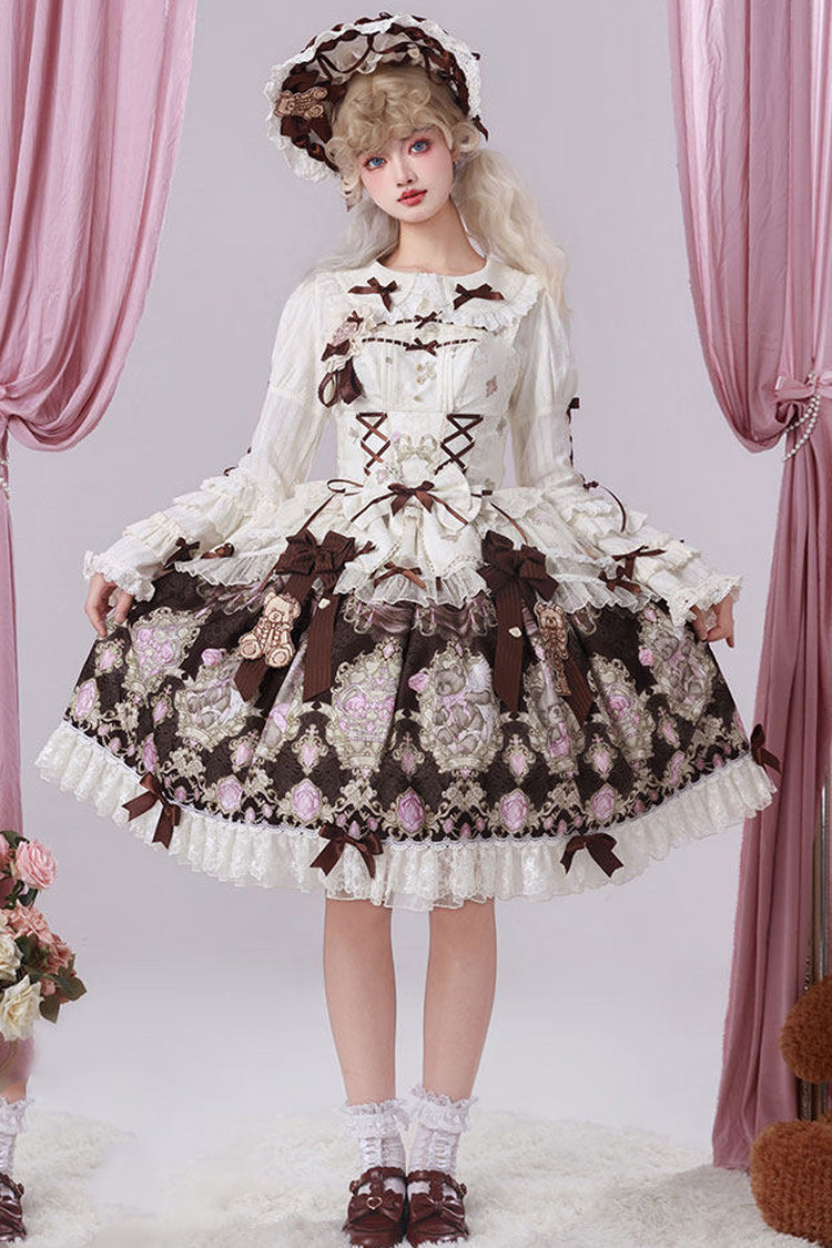 Braunes [Antik-Teddybär] ärmelloses, bedrucktes, mit Schleife und Spitze versehenes, süßes, elegantes Lolita-JSK-Kleid