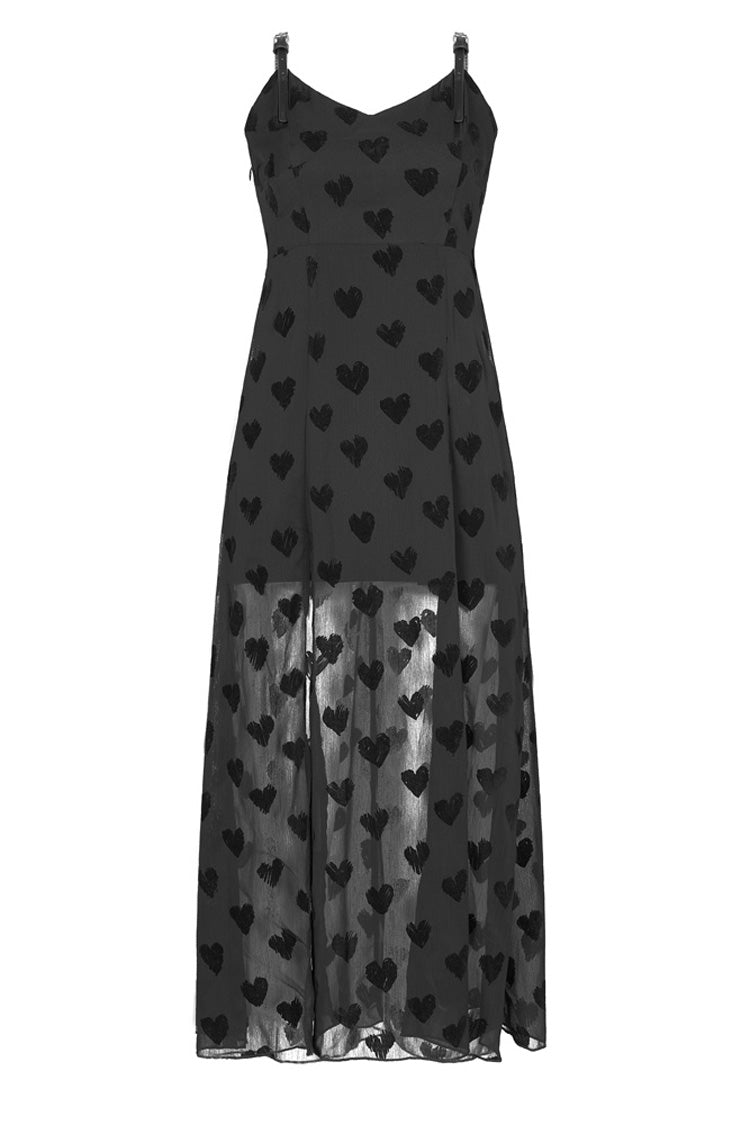 Black Heart Chiffon Waist Leather Sling Long Women's Gothic Dress
