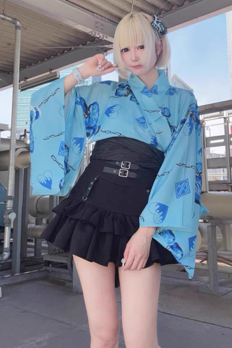 Black High Waisted Ruffle Leather Buckle Gothic Jirai Kei Japanese Skirt