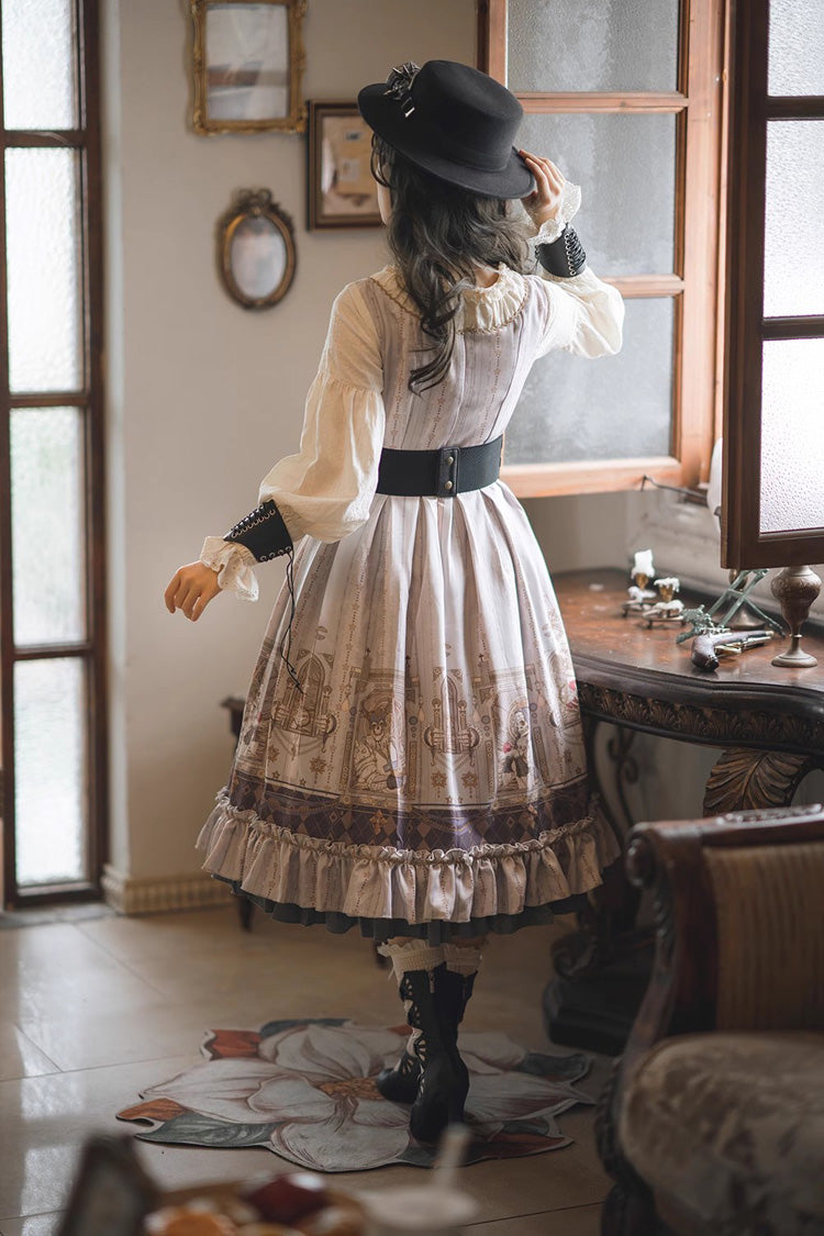 Demon Hunting Notes Long Lantern Sleeves Print Ruffle Sweet Elegant Lolita Dress 2 Colors