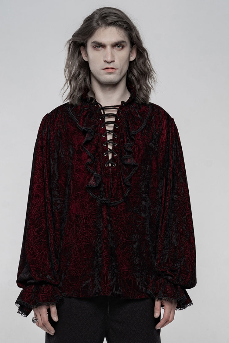 Schwarzes/Rotes Langarm-Rüschenschnürhemd für Herren im Gothic-Stil 