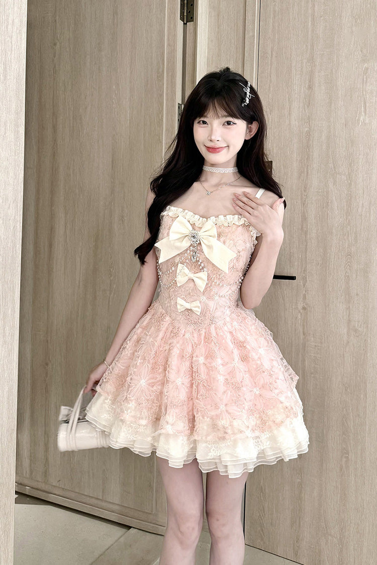 Pink Square Collar Sleeveless Multi-Layered Ruffled Embroidered Bow Pearl Detail Sweet Lolita Jsk Dress