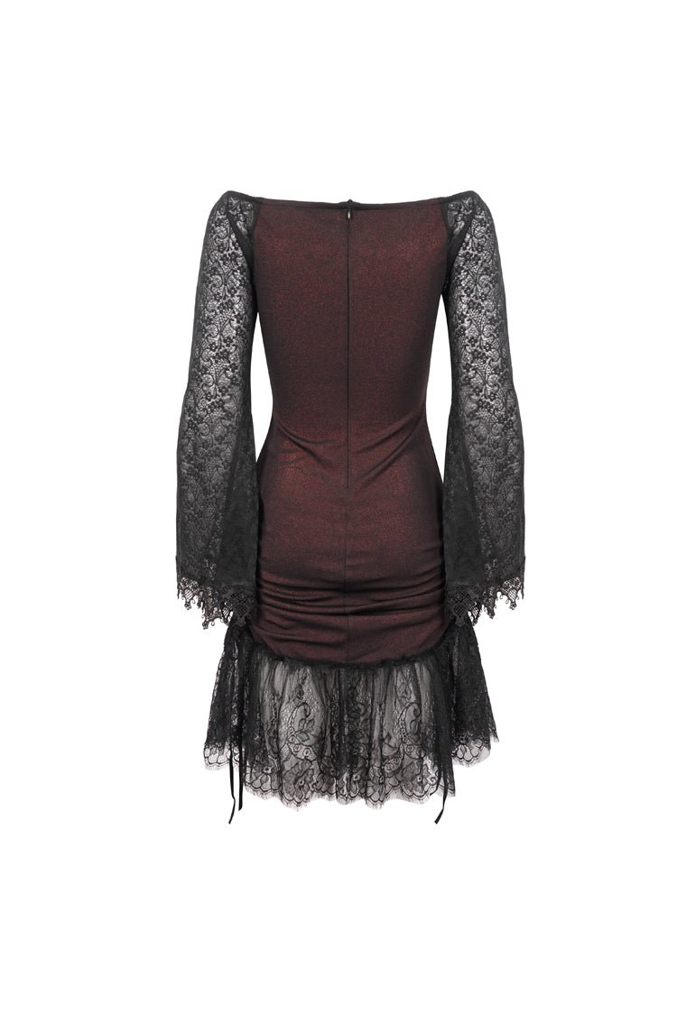 Red Elastic Texture One-Shoulder Hem Splicing Lace Bell Sleeve Women's Gothic Dress