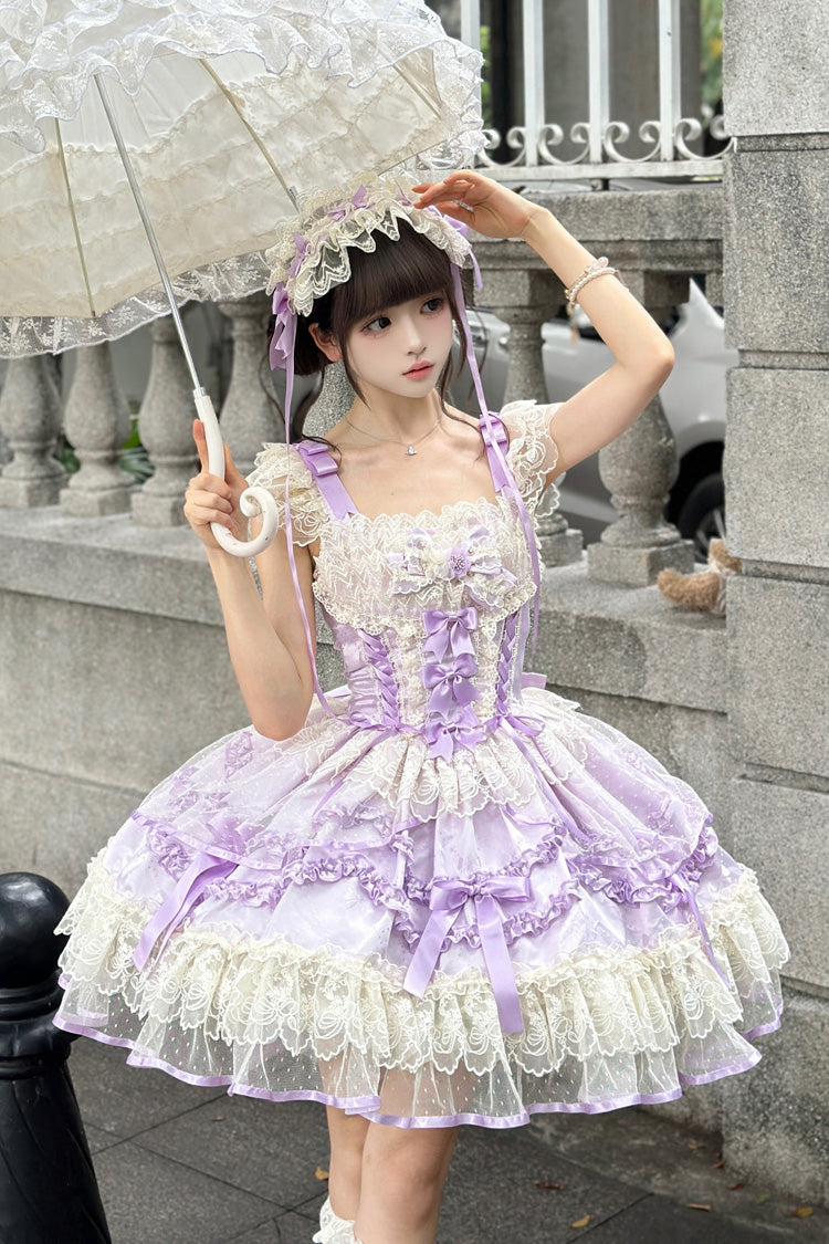 Purple [Dreaming Butterfly] Multi-Layered Jacquard Ruffle Bowknot Lace Sweet Princess Lolita Jsk Dress