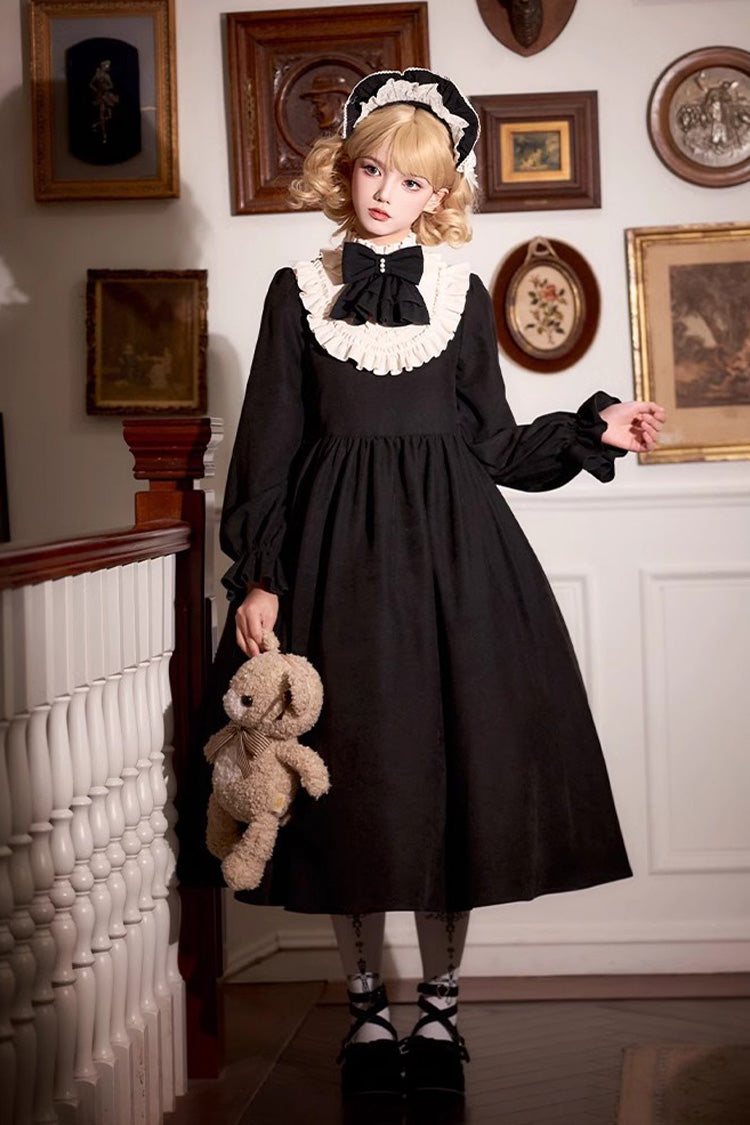 Black [Twilight Choir] Long Sleeves Bowknot Lace Sweet Vintage Lolita Dress 2 Versions