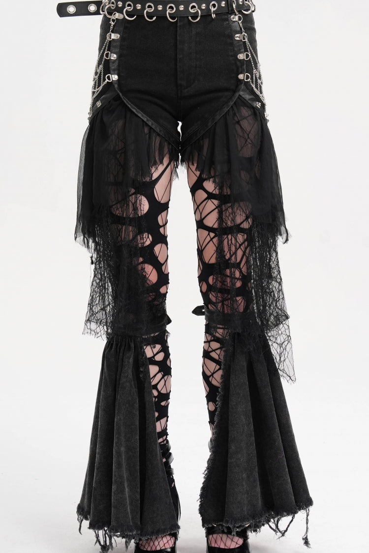 Schwarze Gothic-Shorts mit unregelmäßigem Netzstoff und zerrissenem Saum für Damen