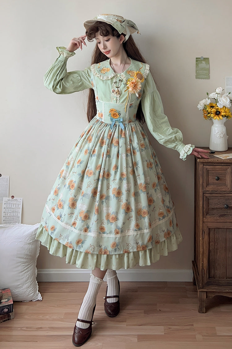 Green [Gardening Sunflower] Sleeveless Print Ruffle Bowknot Sweet Elegant Uplift Lolita Jsk Dress