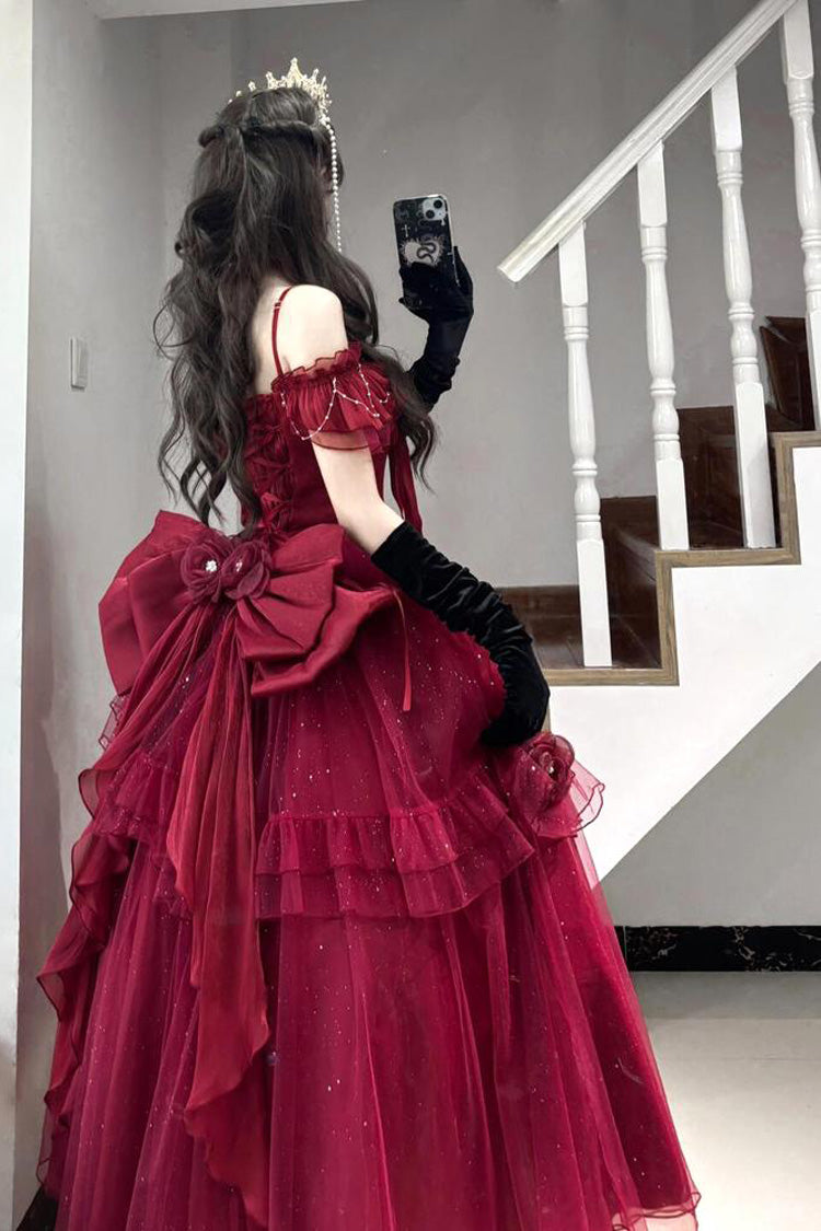 Red [Bright Stars] Off Shoulder Ruffle Bowknot Asymmetric Sweet Elegant Princess Lolita Dress