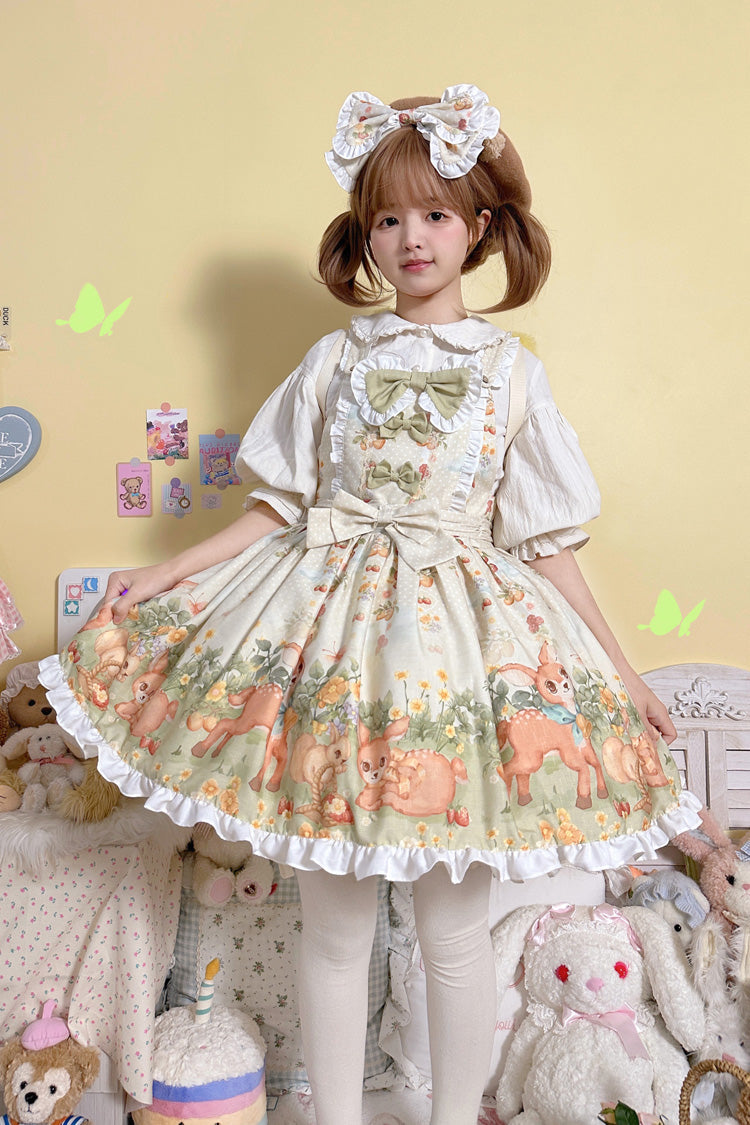 Multi-Color [Little Deer Gathering] Sleeveless Print Ruffle Bowknot Daily Sweet Lolita Strap Dress