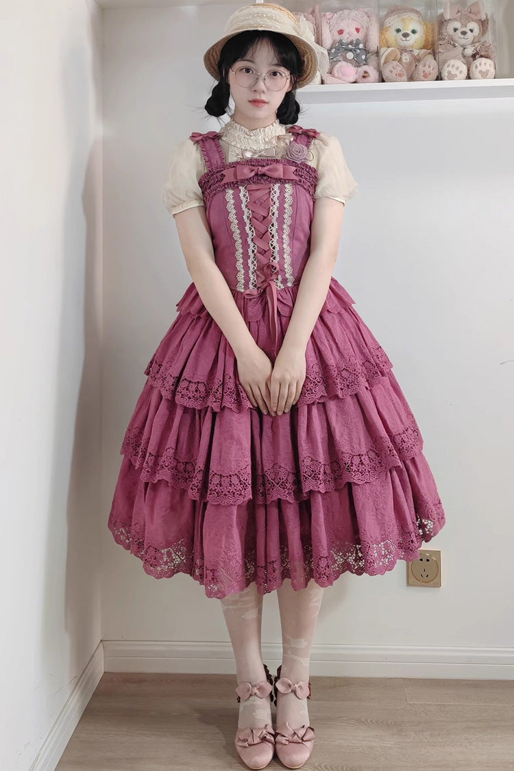 Beerenlila [Forest Waltz] Besticktes Schleifen-Schnür-Top mit schmalen, süßen und eleganten Lolita-Hosenträgern