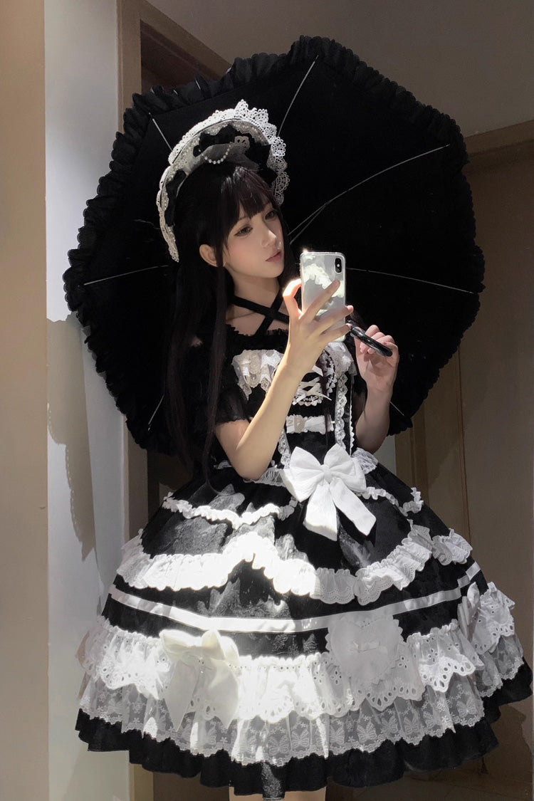 Noir/Blanc [Super Mignon Belia] Robe Lolita Jsk Élégante Gothique en Dentelle à Nœud Papillon à Volants à Trois Couches Sans Manches 