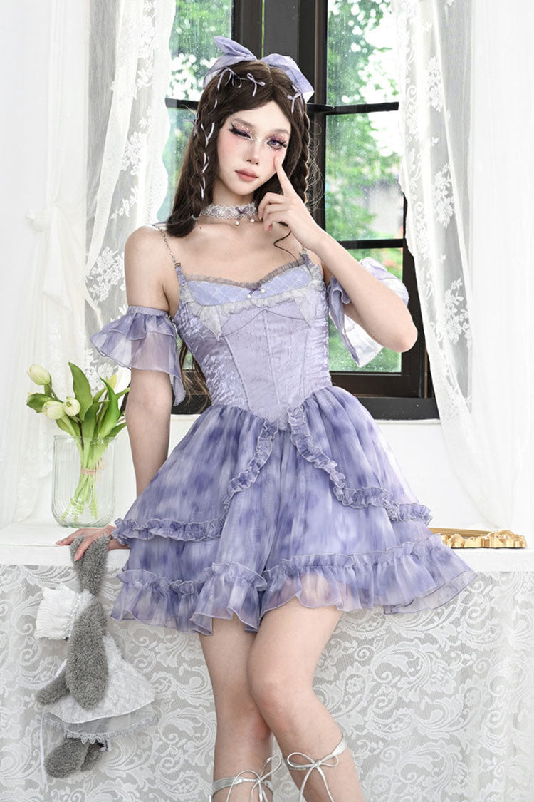 Blue Ruffle Lace Tie-dyed Print Fake Two Pieces Sweet Princess Jsk Dress