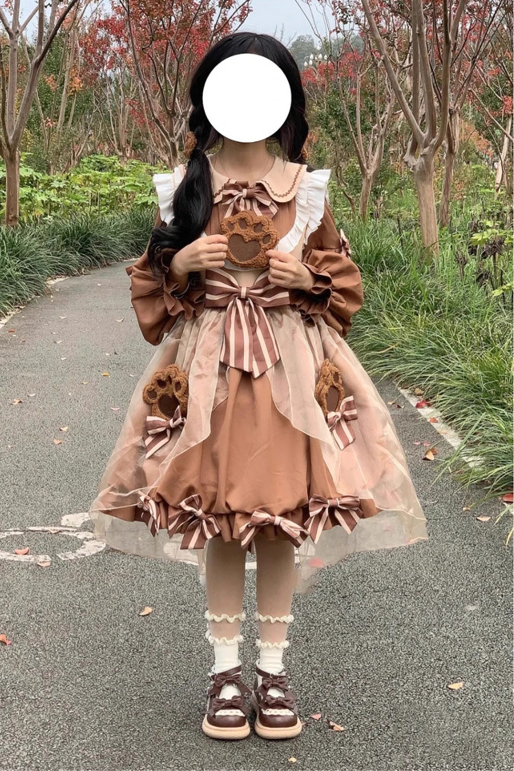 Bear Long Sleeves High Waisted Ruffle Bowknot Sweet Lolita Dress 3 Colors