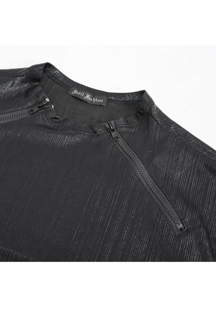 Black Zipper Neckline Long Sleeves Slim Mens Steampunk Top