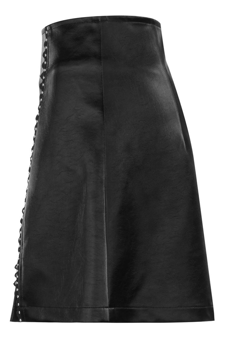 Black Rivet Lace A Version Slit Leather Women's Punk Skirt