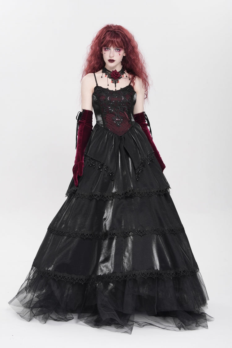 Black Sleeveless Multi-Layered Embroidery Pearl Women's Gothic Slip Dress