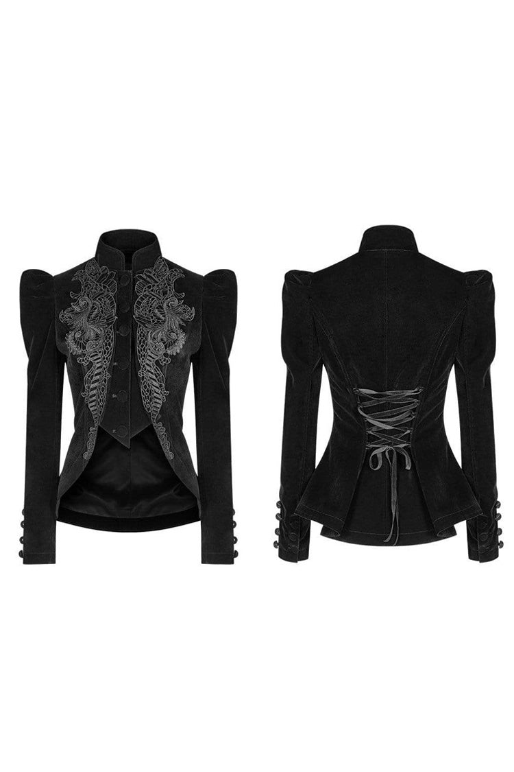 Black Velvet High Collar Front Chest Embroidery Button Long Sleeve Back Waist Lace Up Weft Women's Gothic Coat