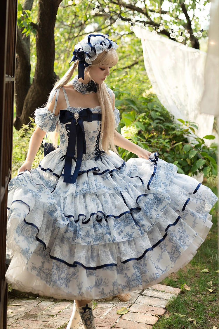 Blue/White Sleeveless Multi-Layered Print Bowknot Fishbone Sweet Classic Chinese Style Lolita Jsk Long Dress