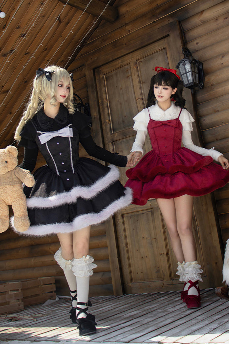 [Winter's Wish] Double-Layered Jacquard Bowknot Furry Sweet Lolita Jsk Dress 2 Colors