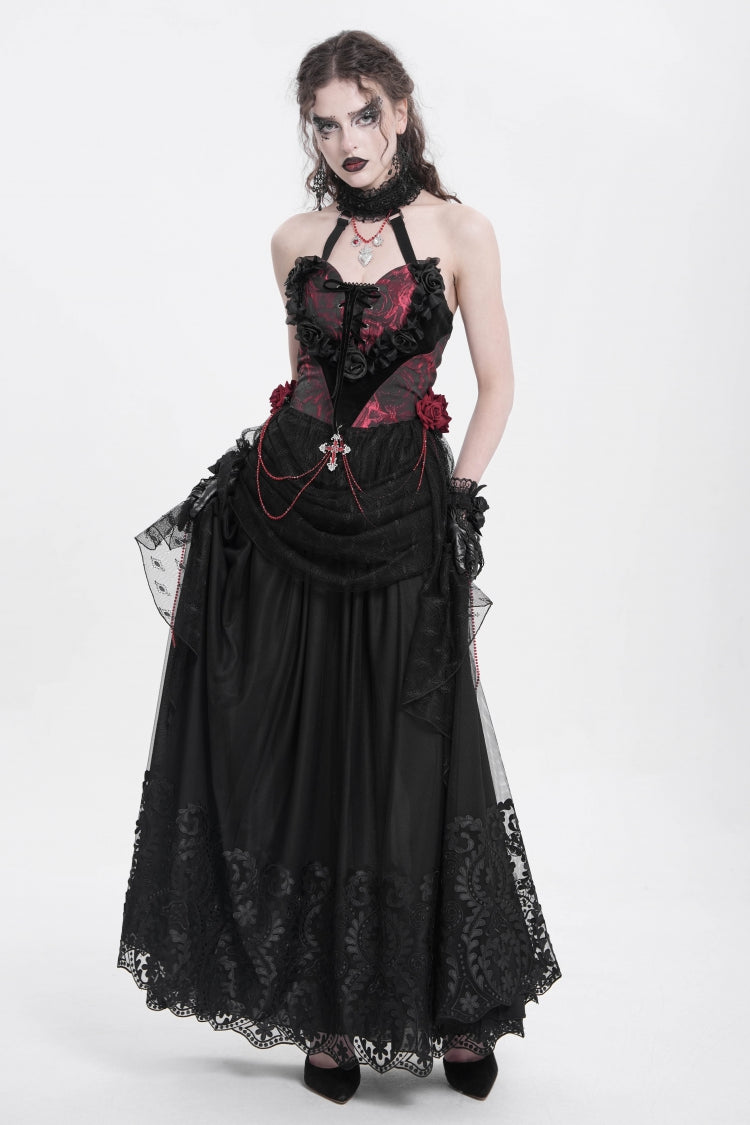 Black Stitching Floral Mesh Women's Gothic Skirt