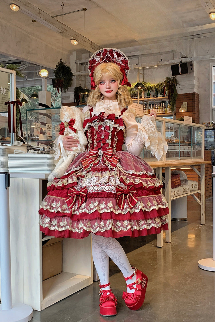 Red [Crown of Gems] Triple-Layered Ruffle Bowknot Lace Sweet Gorgeous Lolita Jsk Dress