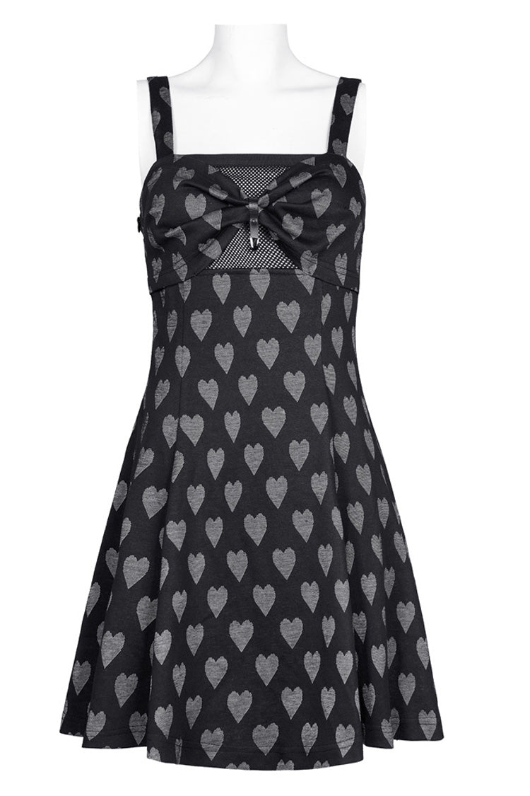 Black/Grey Heart Print Pattern Suspender Hollow Mesh Metal PU Buckle Bow Design Sleeveless Women's Punk Dress