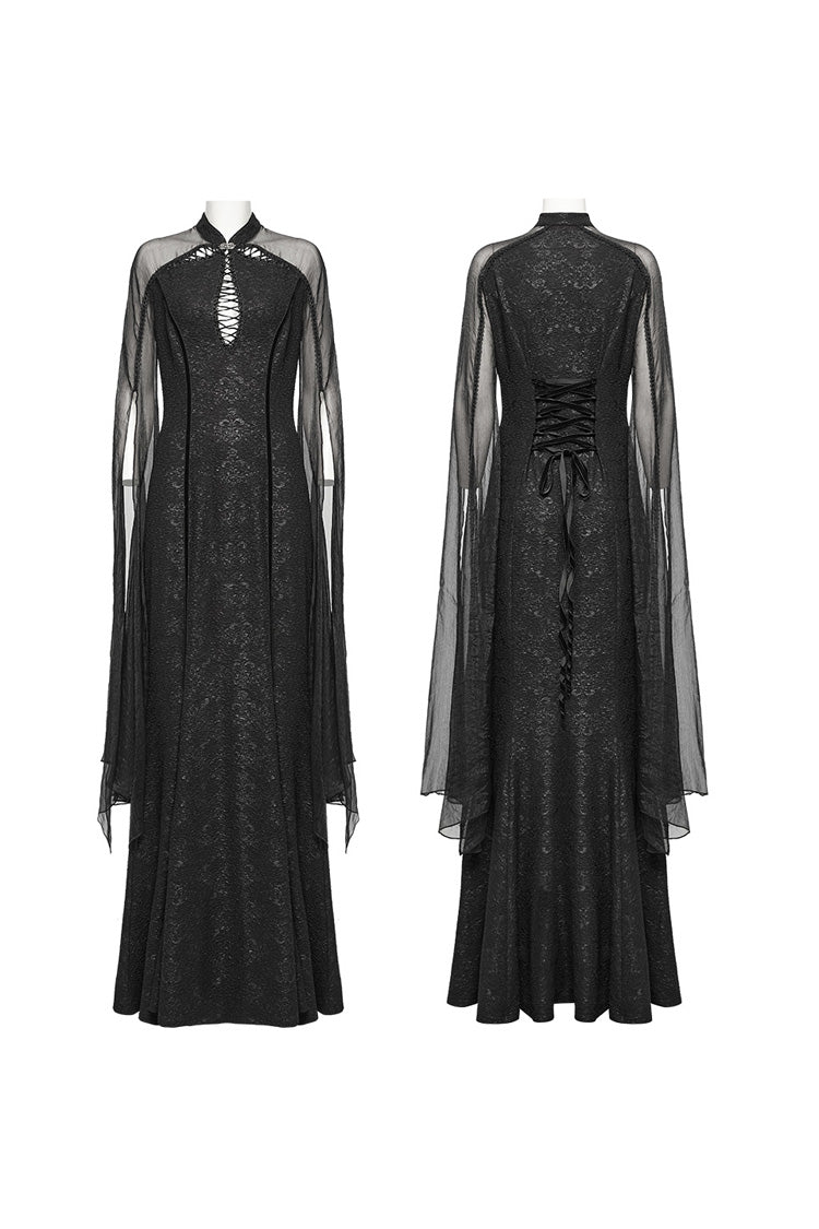 Schwarzes Cheongsam-Kragen-Chiffon-Nähte zerrissenes Gothic-Kleid für Damen