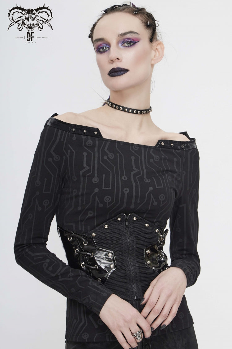 Black Patchwork Lace-Up Slim Fit Studded Zippered Women's Gothic Cool Accessory Corset Belt