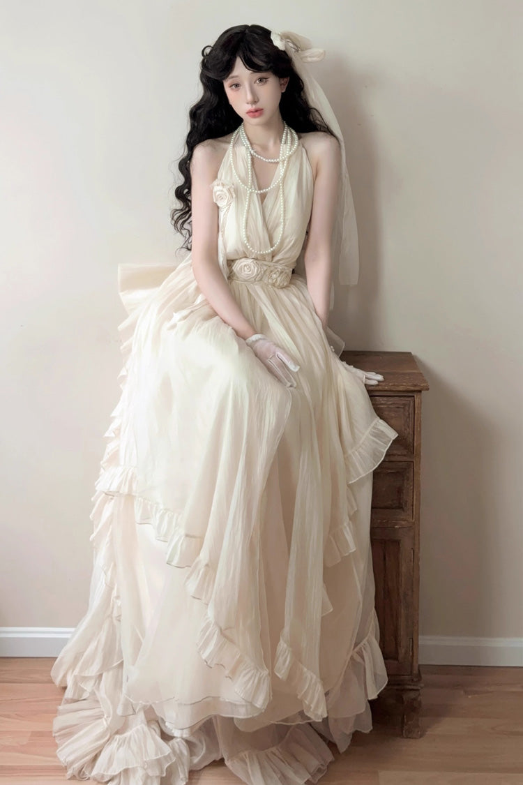 Ensemble de robe longue en dentelle à volants sans manches à col licou abricot avec nœud papillon douce princesse Lolita Jsk 