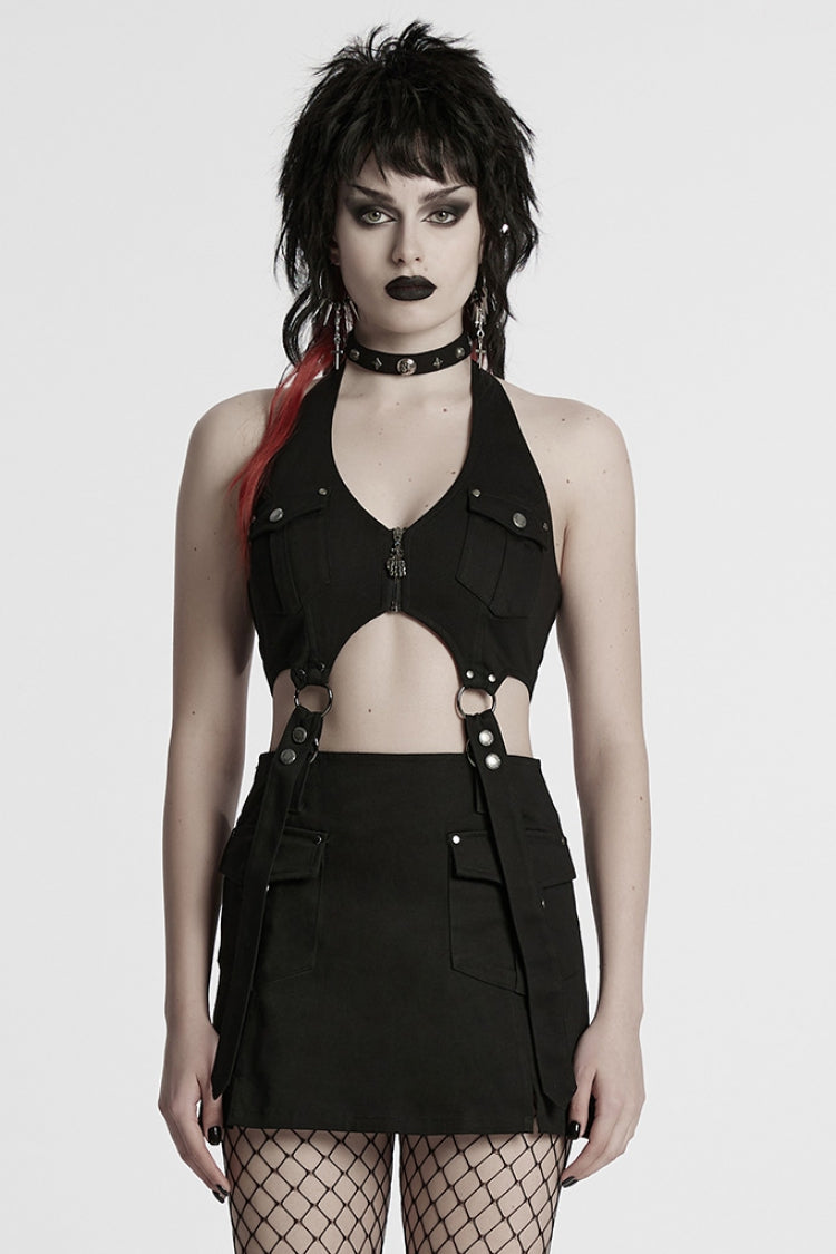 Ensemble de débardeur punk noir à dos nu pour femmes avec jupe 