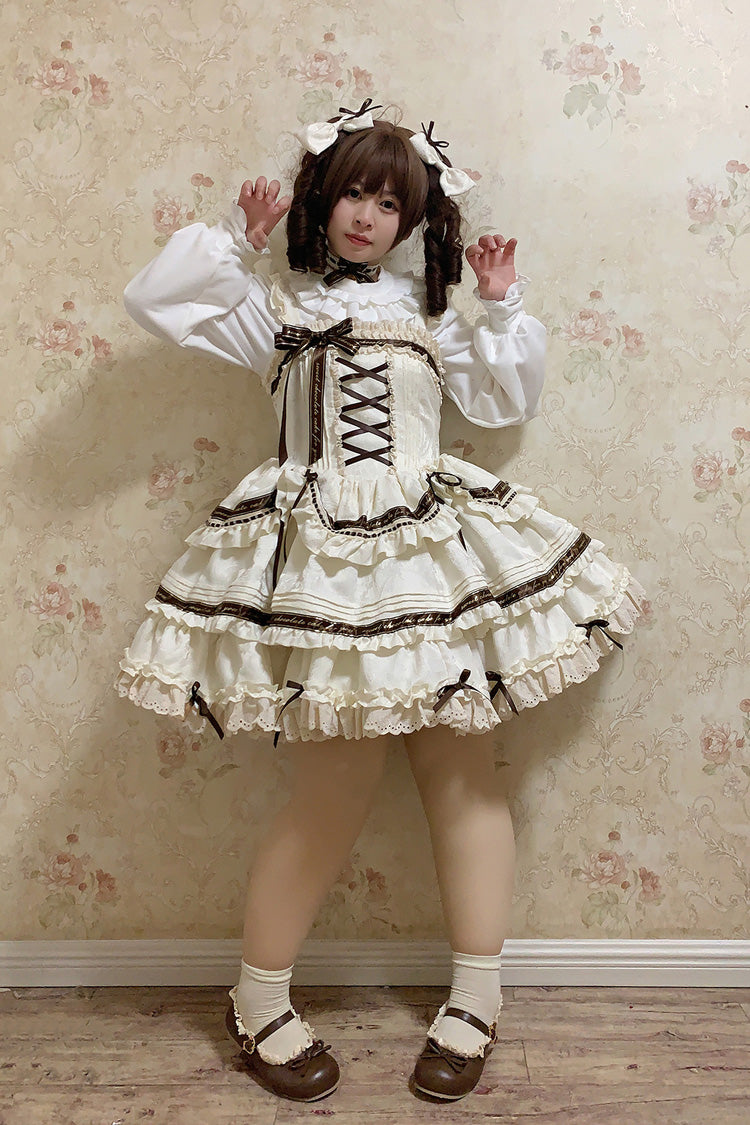 Ivory Chocolate Sleeveless Double-Layered Ruffle Bowknot Sweet Plus Size Lolita Jsk Dress