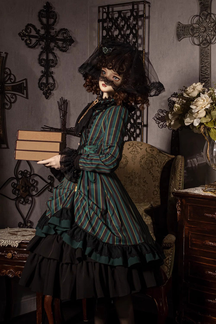 Point Manor Stand Collar Long Sleeves Multi-layer Striped Print Ruffle Gothic Lolita Dress 4 Colors