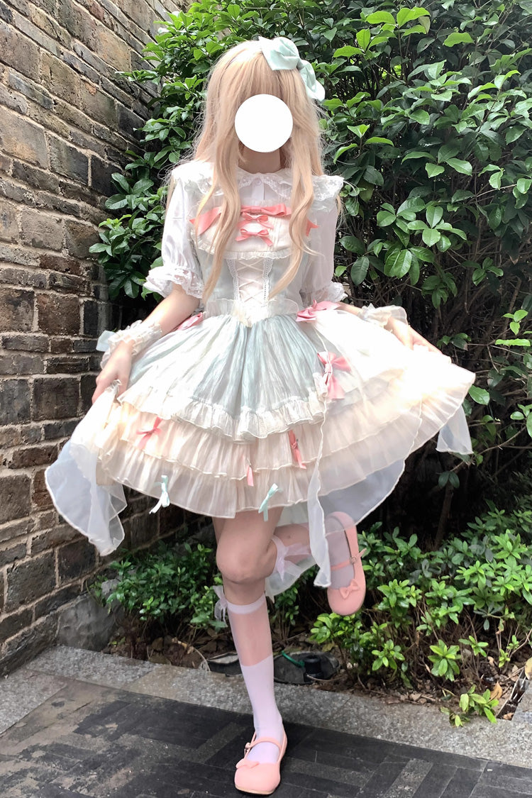 Green [Camellia Love] Sleeveless Triple-Layered Ruffle Bowknot Lace Sweet Princess Lolita Jsk Dress