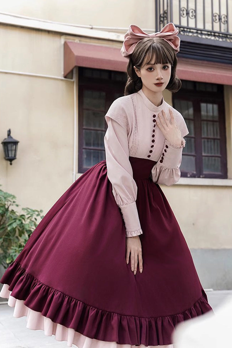 Rose Embroidery Long Sleeves Ruffle Bowknot Fake Two Pieces Elegant Lolita Dress 2 Colors